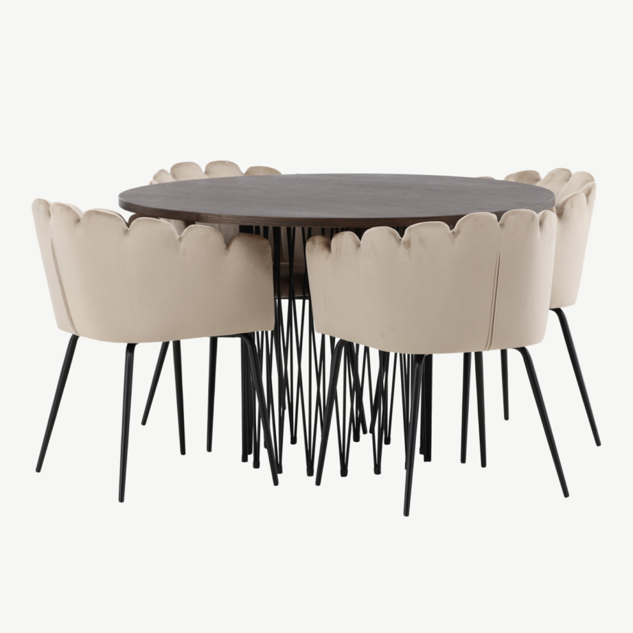 Ümmargune söögilaud Stone mokka viimistlusega ja Limhamni beež samettoolid, GR23025 – 4