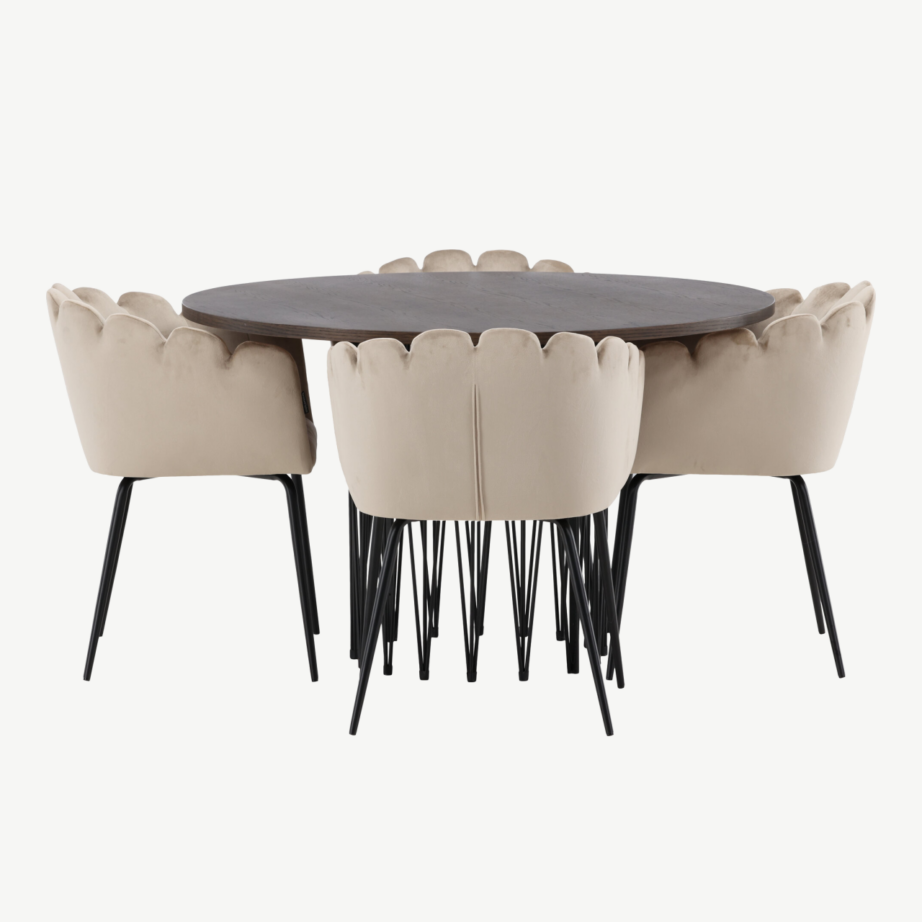 Ümmargune söögilaud Stone mokka viimistlusega ja Limhamni beež samettoolid, GR23025 – 5