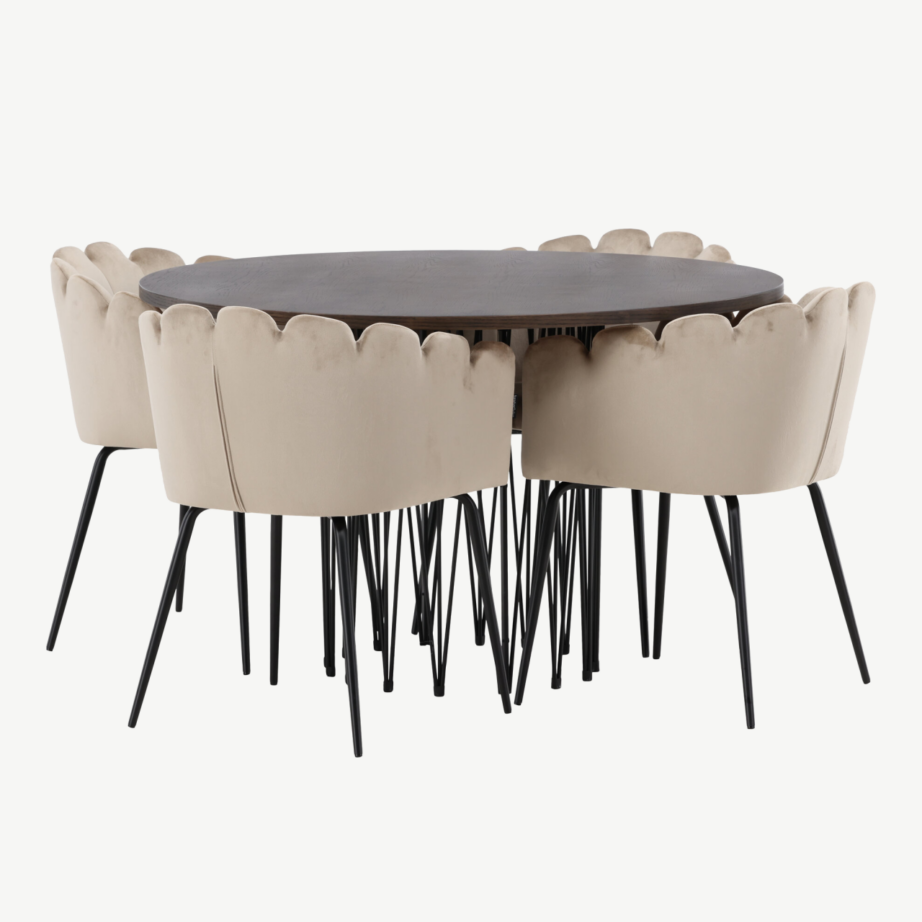 Ümmargune söögilaud Stone mokka viimistlusega ja Limhamni beež samettoolid, GR23025