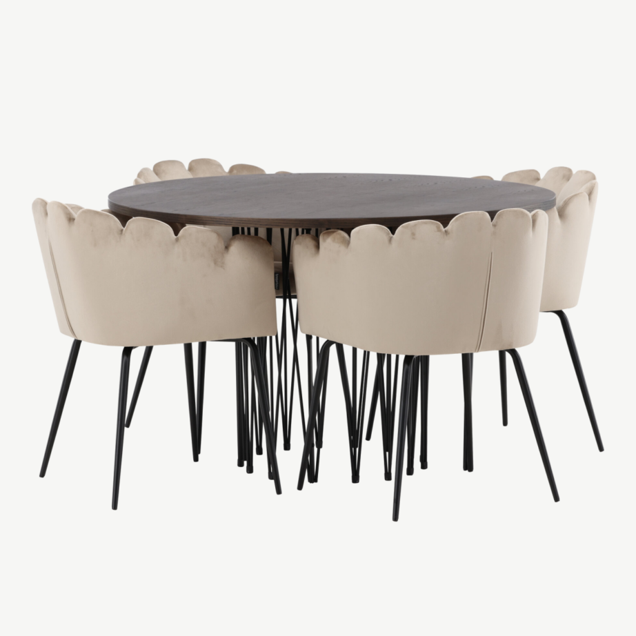 Ümmargune söögilaud Stone mokka viimistlusega ja Limhamni beež samettoolid, GR23025 – 6