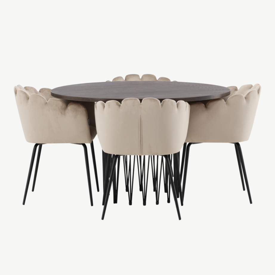 Ümmargune söögilaud Stone mokka viimistlusega ja Limhamni beež samettoolid, GR23025 – 7