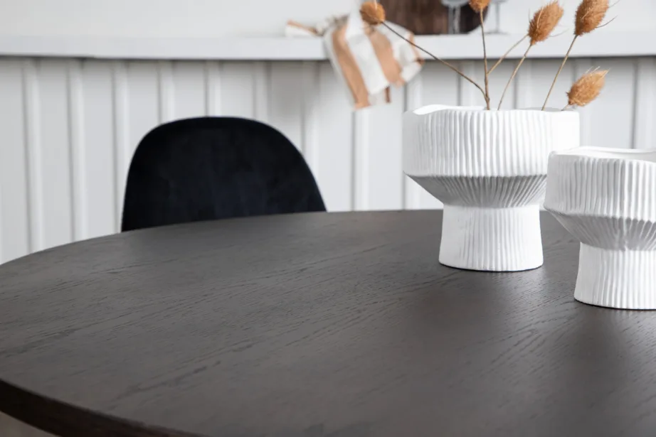 Ümmargune söögilaud Stone (mokkavärvi MDF, mustad metalljalad), sobib Polar sari toolidega, GR22840 – 10