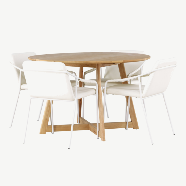 Ümmargune söögilaud Yakidon ja beežid stiiltoolid Tvist (MDF, kummipuu, Ø120 cm) - GR23875