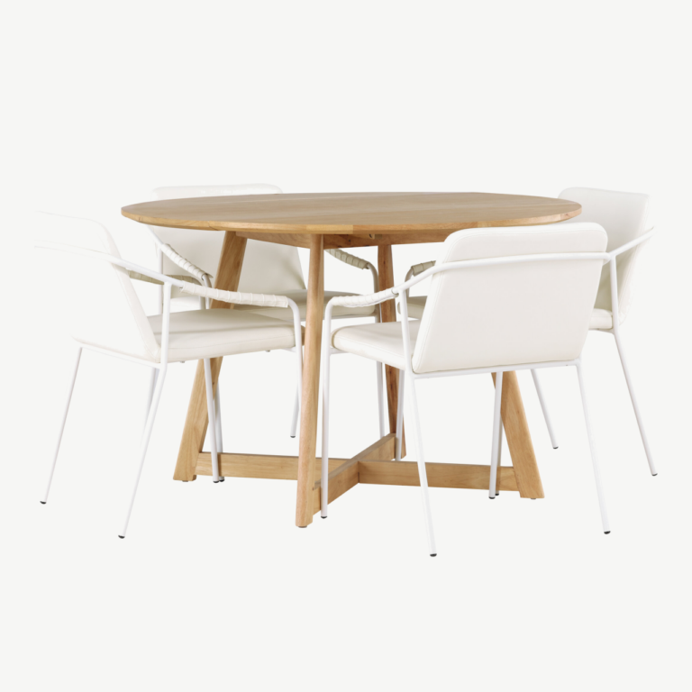 Ümmargune söögilaud Yakidon ja beežid stiiltoolid Tvist (MDF, kummipuu, Ø120 cm) - GR23875
