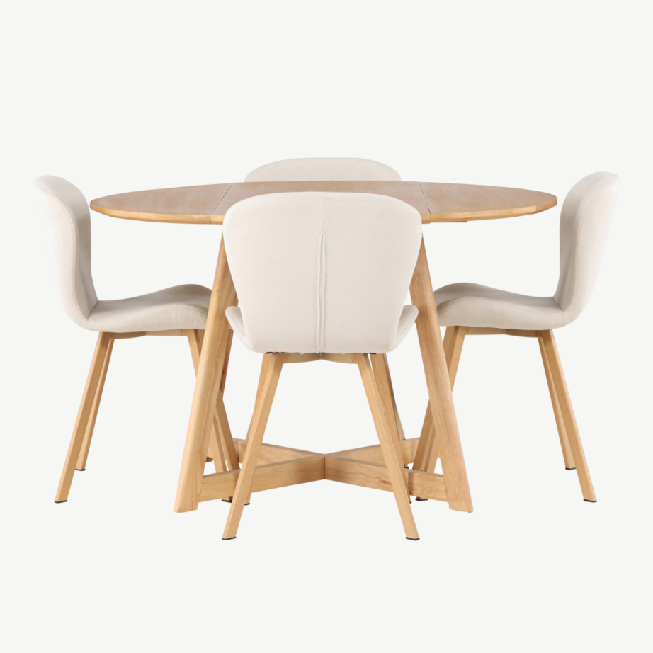Ümmargune söögilaud Yakidon ja polsterdatud söögitool Lilja (tammepuidu toon, beež kangas), GR23873 – 2