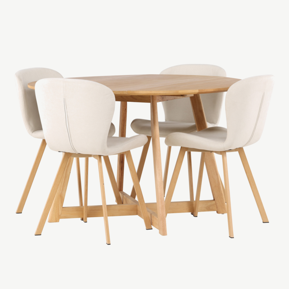 Ümmargune söögilaud Yakidon ja polsterdatud söögitool Lilja (tammepuidu toon, beež kangas), GR23873 – 3