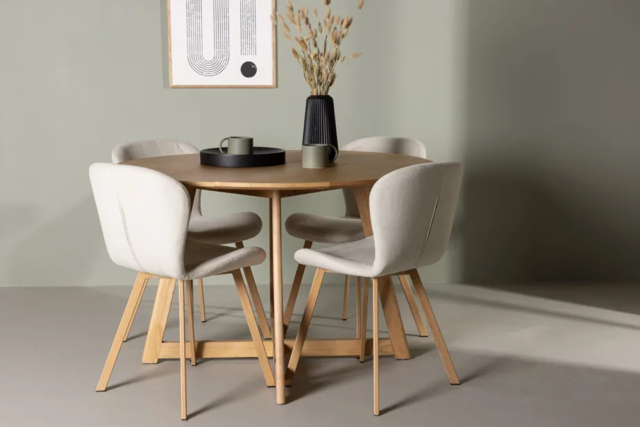 Ümmargune söögilaud Yakidon ja polsterdatud söögitool Lilja (tammepuidu toon, beež kangas), GR23873 – 4