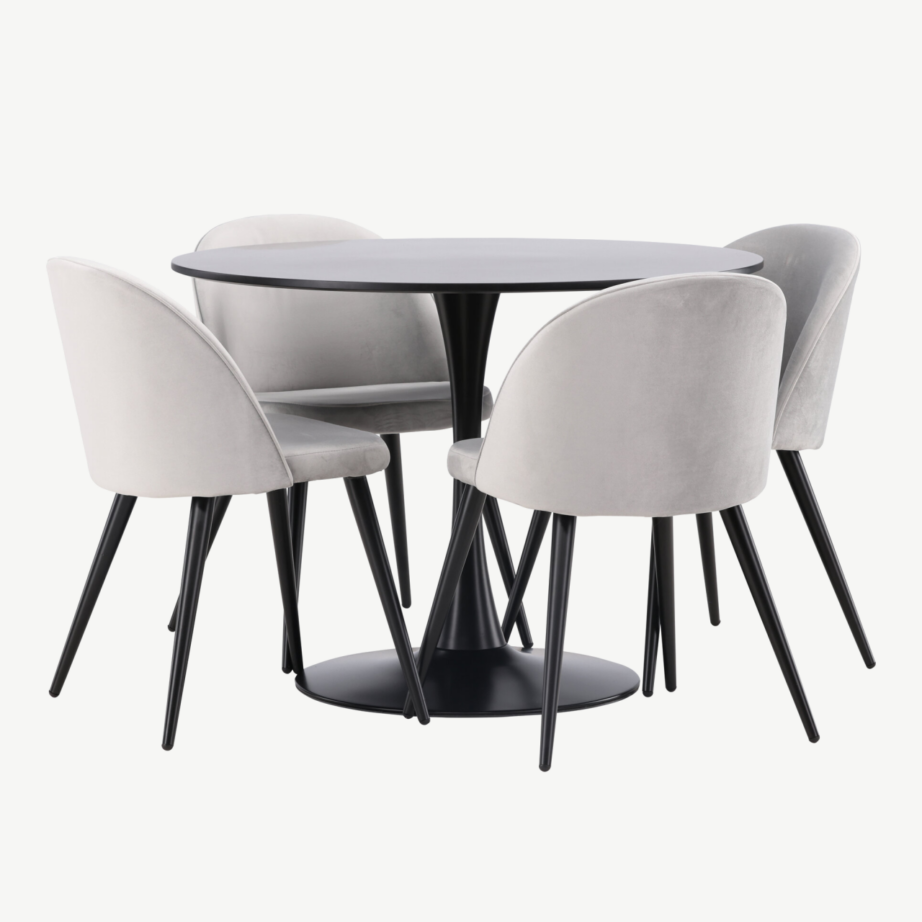 Ümmargune söögitoakomplekt Glade (must laud, hallid sametist toolid, ø100 cm), GR22903 – 6
