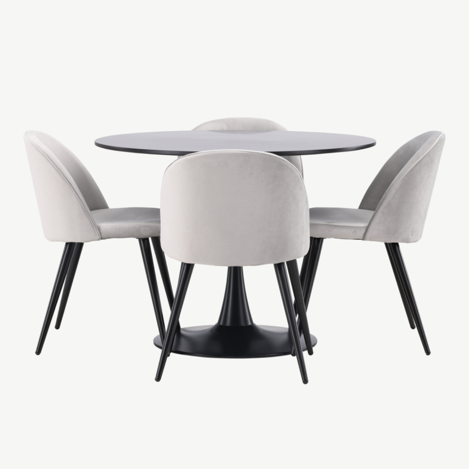 Ümmargune söögitoakomplekt Glade (must laud, hallid sametist toolid, ø100 cm), GR22903 – 7