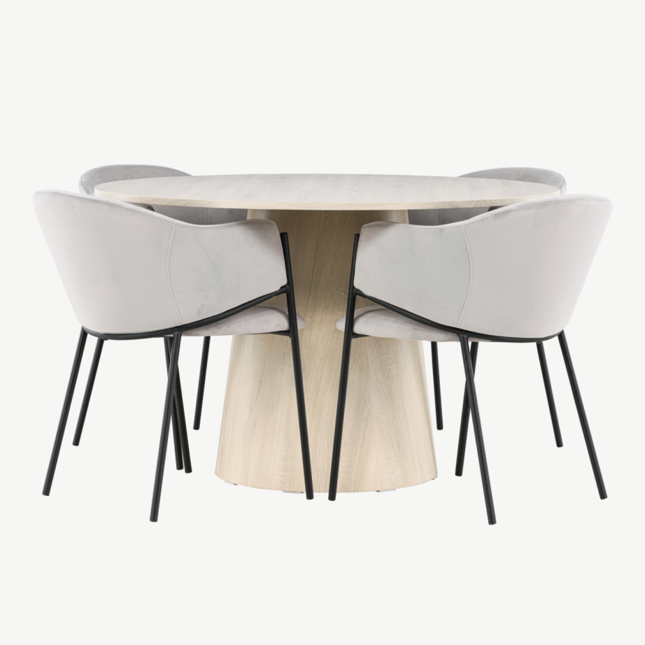 Ümmargune söögitoakomplekt Lanzo laud ja Evelina toolid (valge peits, hall velvet, ø120 cm, 4 tooli), GR24432 – 2