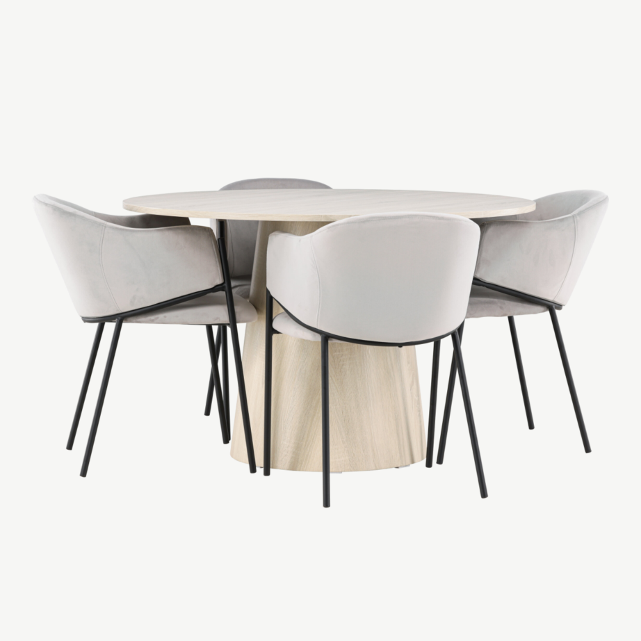 Ümmargune söögitoakomplekt Lanzo laud ja Evelina toolid (valge peits, hall velvet, ø120 cm, 4 tooli), GR24432 – 3