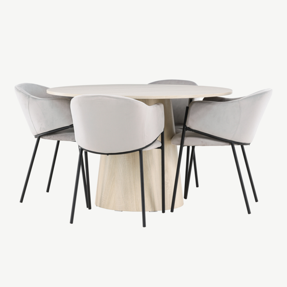 Ümmargune söögitoakomplekt Lanzo laud ja Evelina toolid (valge peits, hall velvet, ø120 cm, 4 tooli), GR24432 – 4