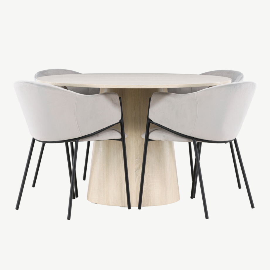 Ümmargune söögitoakomplekt Lanzo laud ja Evelina toolid (valge peits, hall velvet, ø120 cm, 4 tooli), GR24432 – 5