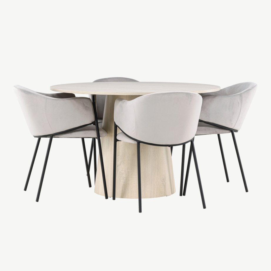 Ümmargune söögitoakomplekt Lanzo laud ja Evelina toolid (valge peits, hall velvet, ø120 cm, 4 tooli), GR24432
