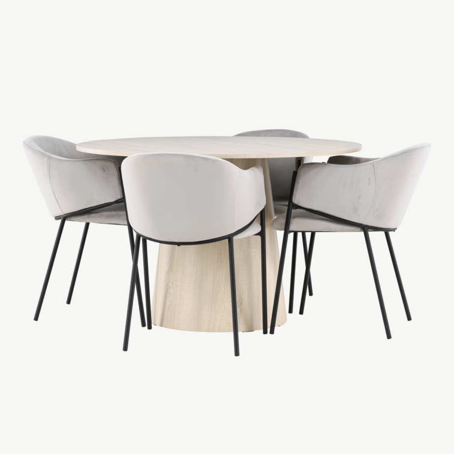 Ümmargune söögitoakomplekt Lanzo laud ja Evelina toolid (valge peits, hall velvet, ø120 cm, 4 tooli), GR24432 – 6