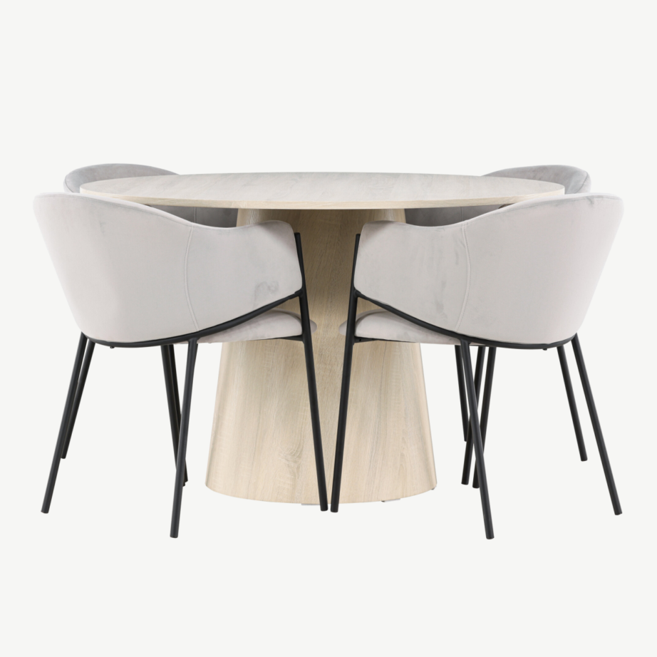 Ümmargune söögitoakomplekt Lanzo laud ja Evelina toolid (valge peits, hall velvet, ø120 cm, 4 tooli), GR24432 – 7