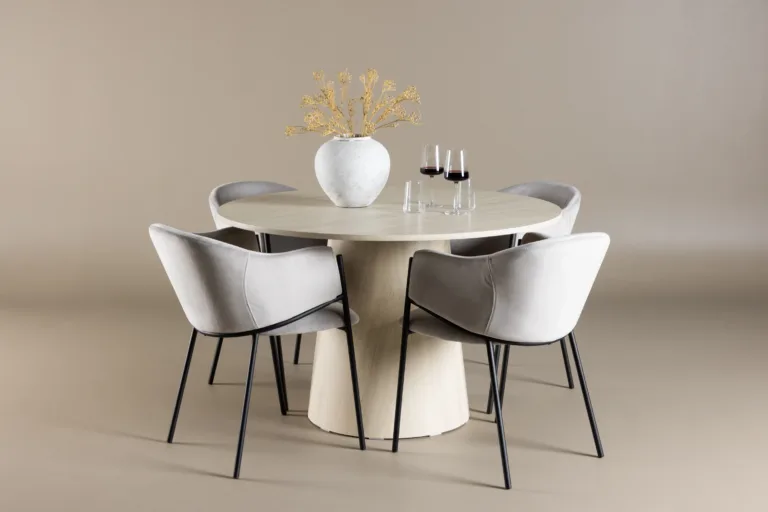 Ümmargune söögitoakomplekt Lanzo laud ja Evelina toolid (valge peits, hall velvet, ø120 cm, 4 tooli) - GR24432
