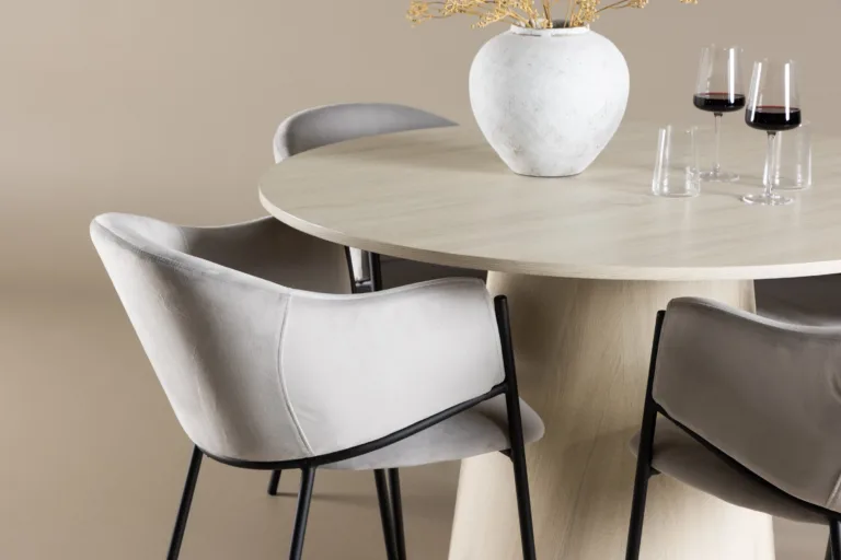 Ümmargune söögitoakomplekt Lanzo laud ja Evelina toolid (valge peits, hall velvet, ø120 cm, 4 tooli) - GR24432