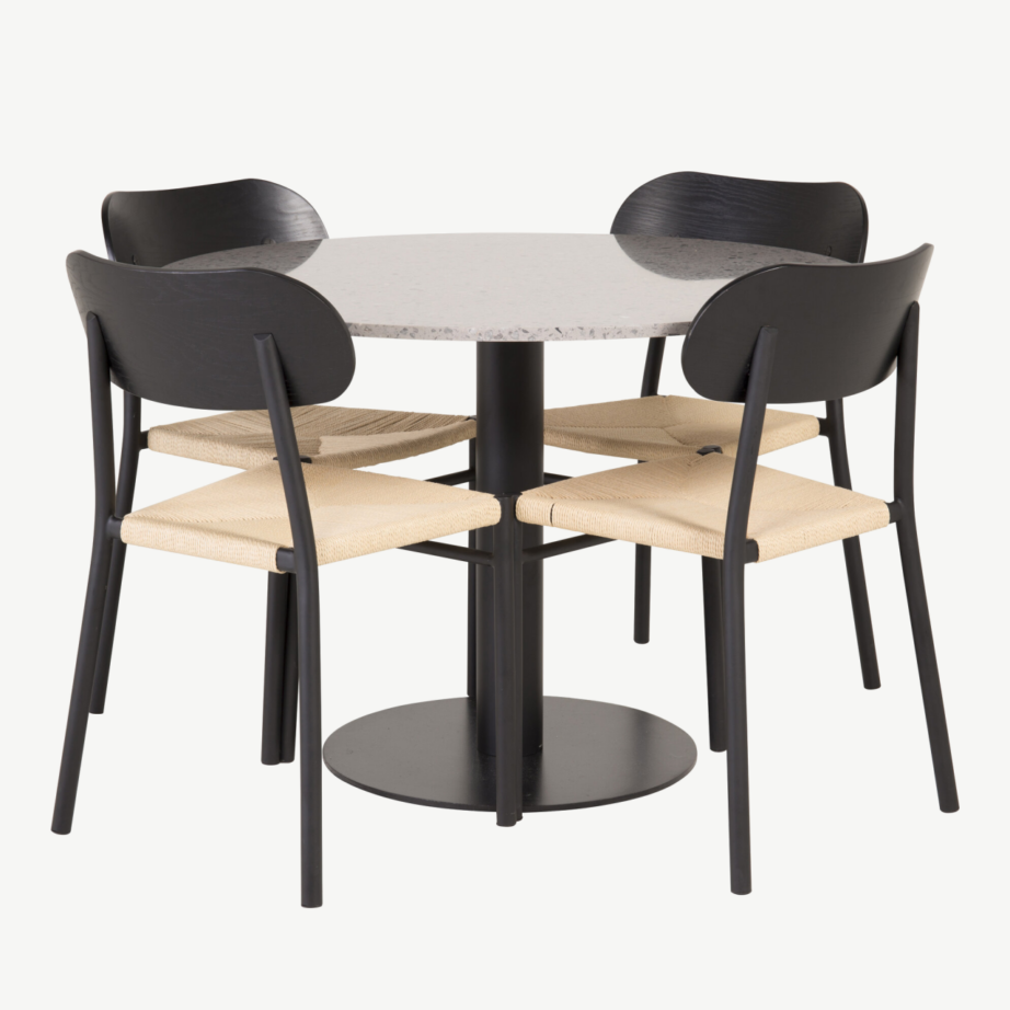 Ümmargune terazzo söögilaud Razzia ja musta raamiga rattanist Polly toolid (4 tk), GR24025 – 2