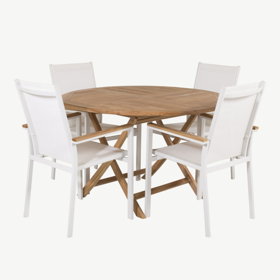 Ümmargune tiigipuust aiamööbli komplekt Kenya, laud ø120cm ja Texas toolid (valge/alumiinium/tiik), GR22623 – 2