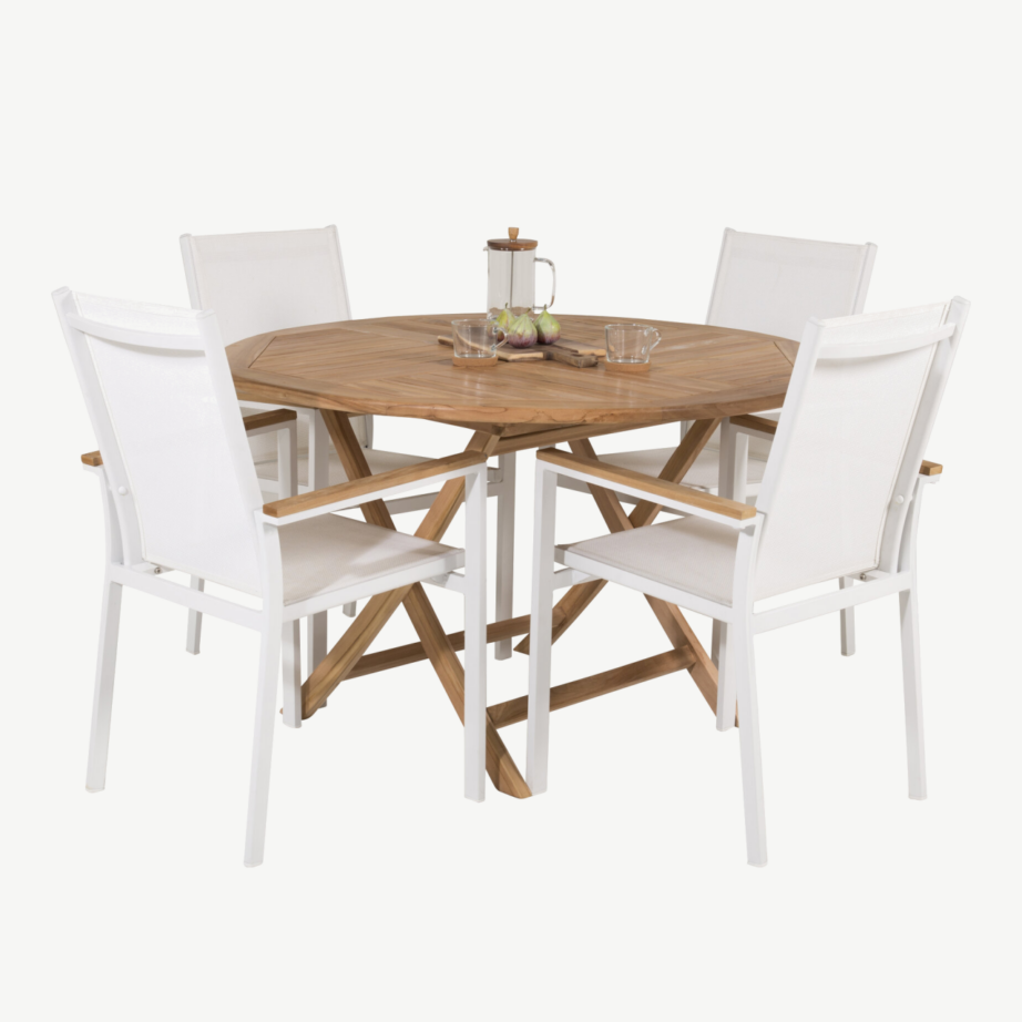 Ümmargune tiigipuust aiamööbli komplekt Kenya, laud ø120cm ja Texas toolid (valge/alumiinium/tiik), GR22623