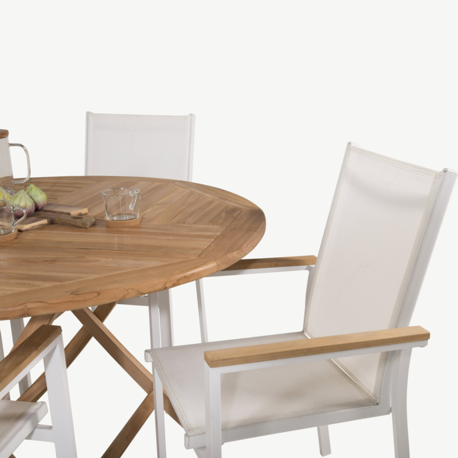 Ümmargune tiigipuust aiamööbli komplekt Kenya, laud ø120cm ja Texas toolid (valge/alumiinium/tiik), GR22623 – 8