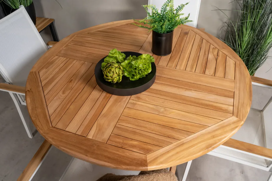 Ümmargune tiigipuust aiamööbli komplekt Kenya, laud ø120cm ja Texas toolid (valge/alumiinium/tiik), GR22623 – 4