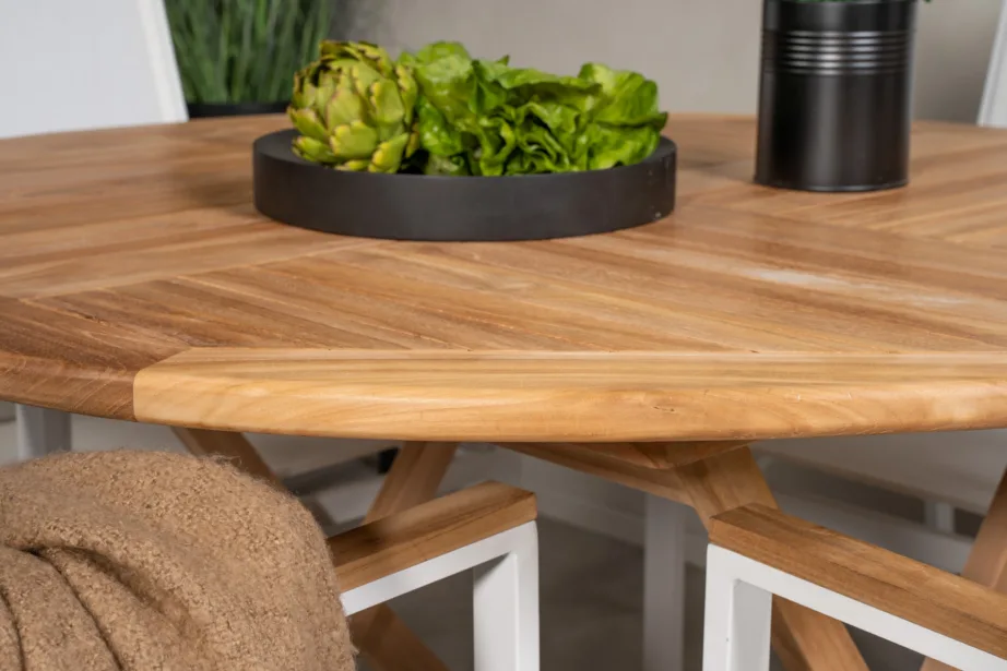 Ümmargune tiigipuust aiamööbli komplekt Kenya, laud ø120cm ja Texas toolid (valge/alumiinium/tiik), GR22623 – 5