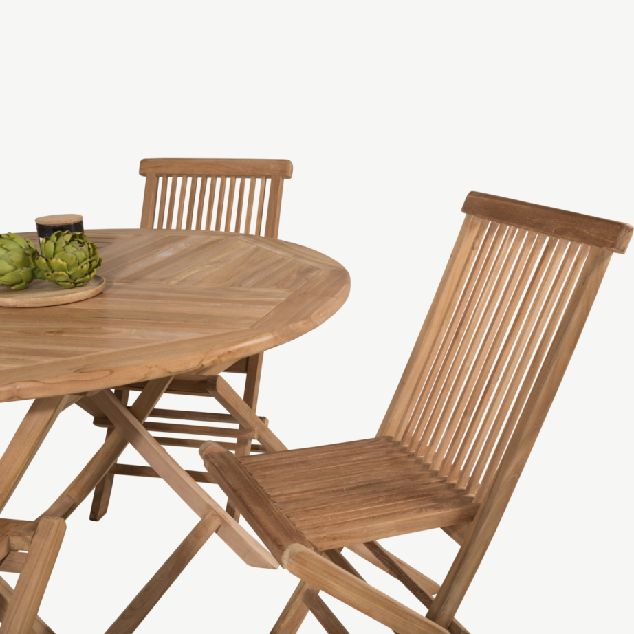 Ümmargune tiigipuust aiamööblikomplekt Kenya (laud ø120 cm ja 4 kokkupandavat tooli), GR22621 – 7