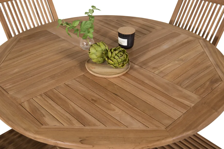 Ümmargune tiigipuust aiamööblikomplekt Kenya (laud ø120 cm ja 4 kokkupandavat tooli), GR22621 – 6