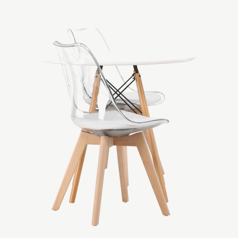 Ümmargune valge MDF söögilaud Danburi ja läbipaistvad Edvin toolid (⌀60 cm) - GR23911