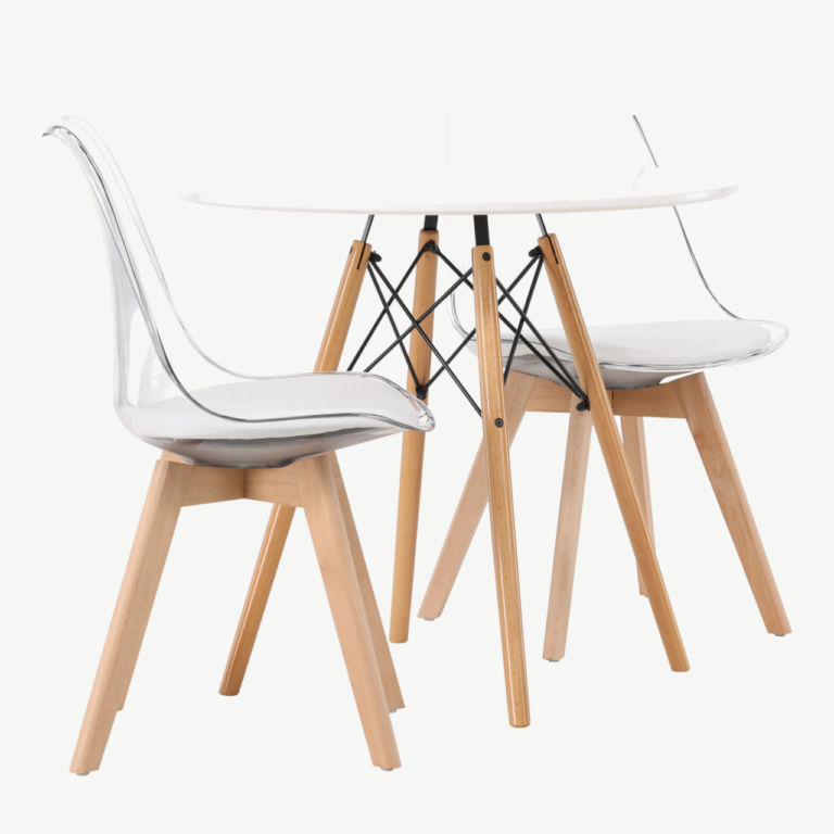 Ümmargune valge MDF söögilaud Danburi ja läbipaistvad Edvin toolid (⌀60 cm) - GR23911