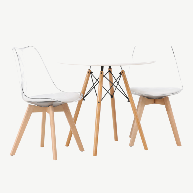 Ümmargune valge MDF söögilaud Danburi ja läbipaistvad Edvin toolid (⌀60 cm) - GR23911