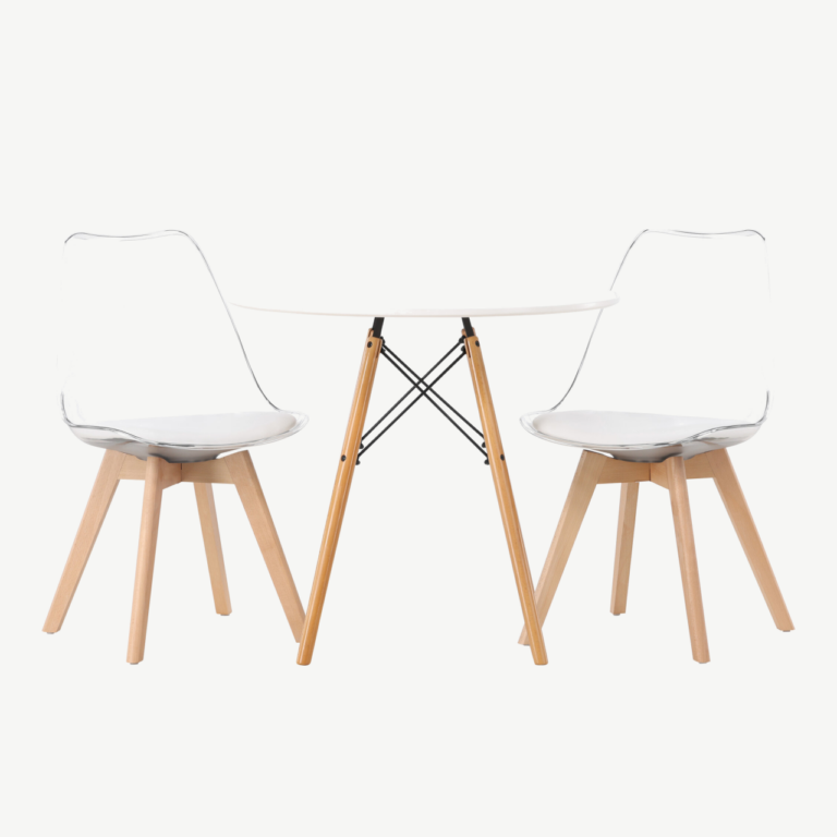 Ümmargune valge MDF söögilaud Danburi ja läbipaistvad Edvin toolid (⌀60 cm) - GR23911