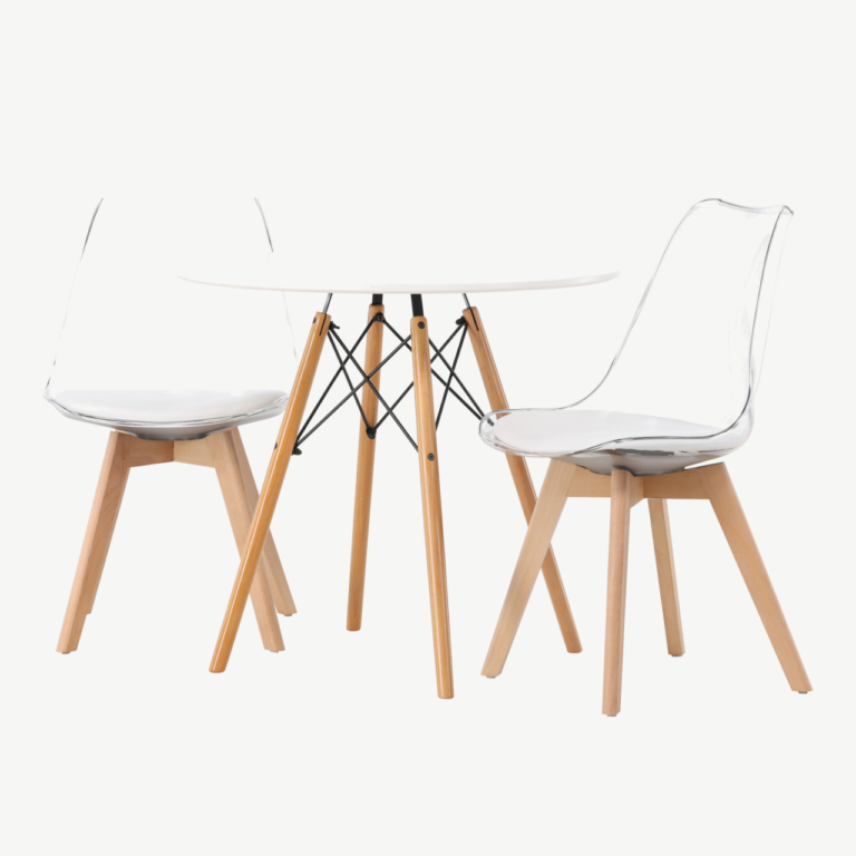 Ümmargune valge MDF söögilaud Danburi ja läbipaistvad Edvin toolid (⌀60 cm) - GR23911