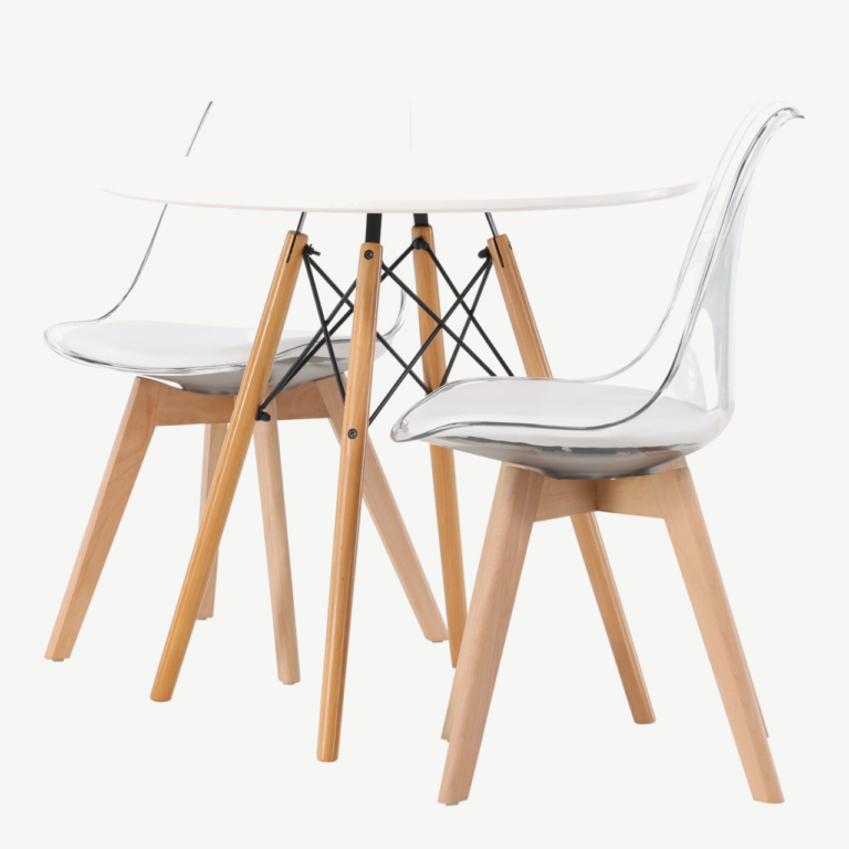 Ümmargune valge MDF söögilaud Danburi ja läbipaistvad Edvin toolid (⌀60 cm) - GR23911