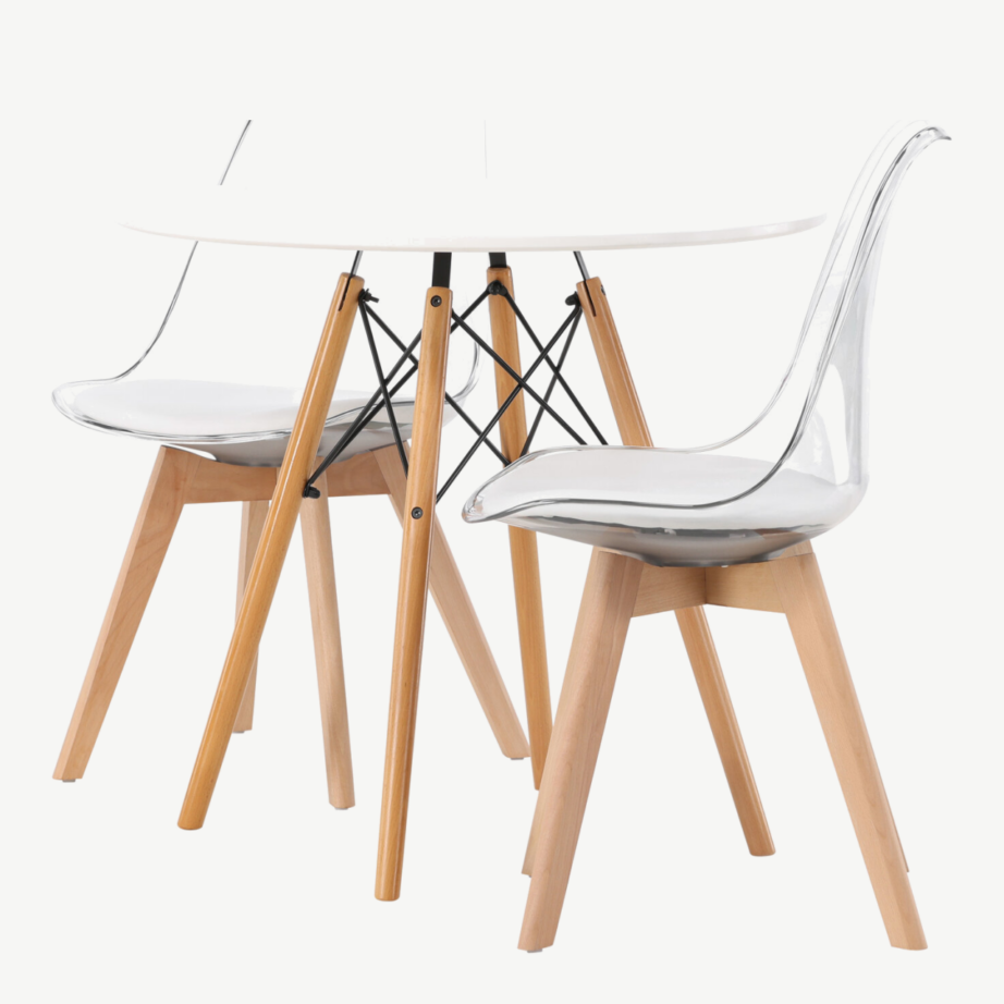 Ümmargune valge MDF söögilaud Danburi ja läbipaistvad Edvin toolid (⌀60 cm), GR23911 – 6