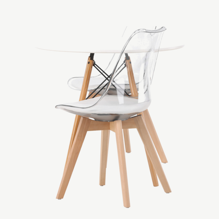 Ümmargune valge MDF söögilaud Danburi ja läbipaistvad Edvin toolid (⌀60 cm) - GR23911