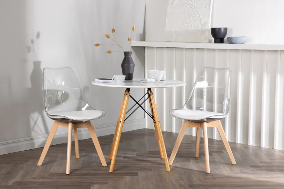 Ümmargune valge MDF söögilaud Danburi ja läbipaistvad Edvin toolid (⌀60 cm), GR23911 – 8