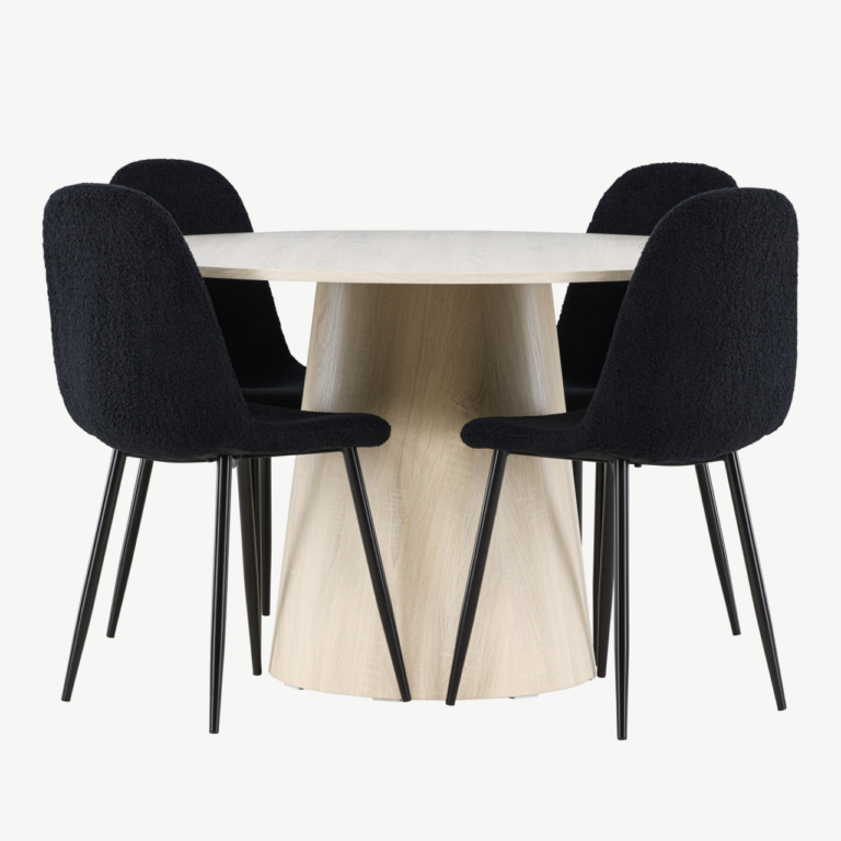 Ümmargune valge peitsiga söögilaud Lanzo ja mustad Polar toolid (komplekt, MDF, ø120 cm) - GR24423