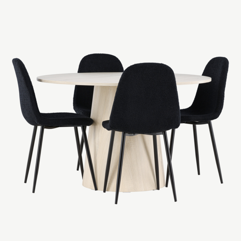 Ümmargune valge peitsiga söögilaud Lanzo ja mustad Polar toolid (komplekt, MDF, ø120 cm) - GR24423