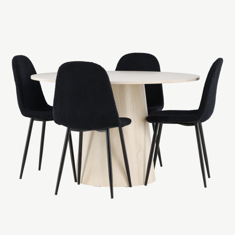 Ümmargune valge peitsiga söögilaud Lanzo ja mustad Polar toolid (komplekt, MDF, ø120 cm) - GR24423