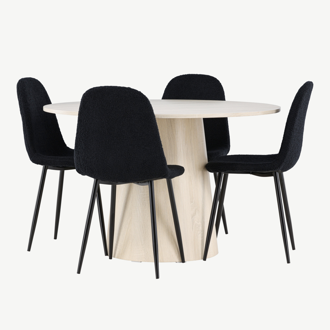 Ümmargune valge peitsiga söögilaud Lanzo ja mustad Polar toolid (komplekt, MDF, ø120 cm) - GR24423
