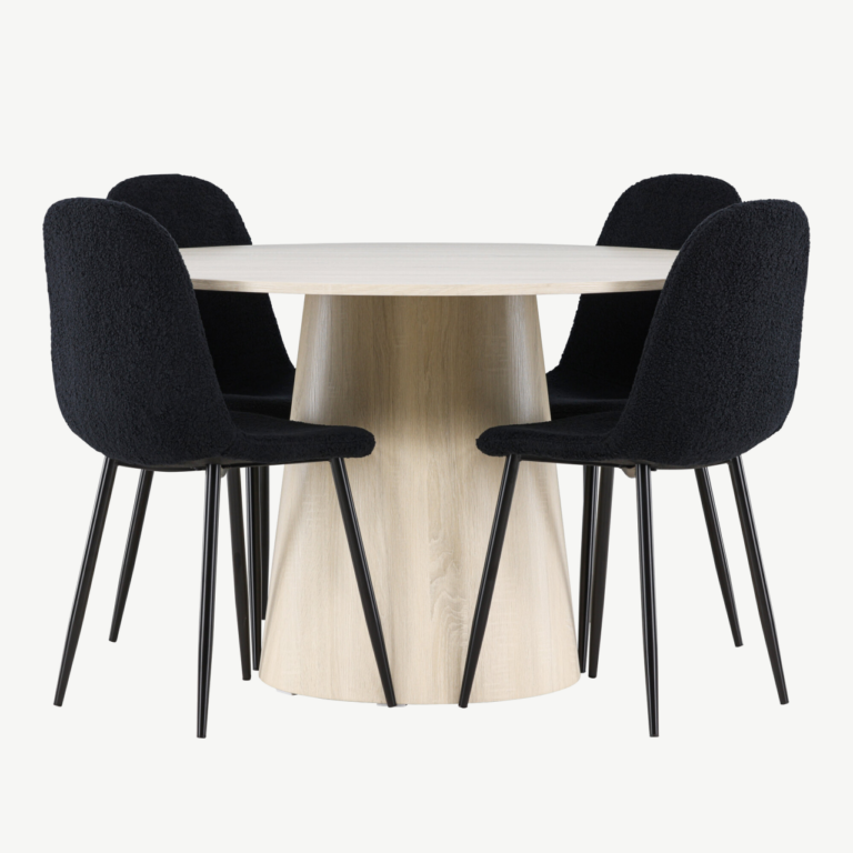 Ümmargune valge peitsiga söögilaud Lanzo ja mustad Polar toolid (komplekt, MDF, ø120 cm) - GR24423
