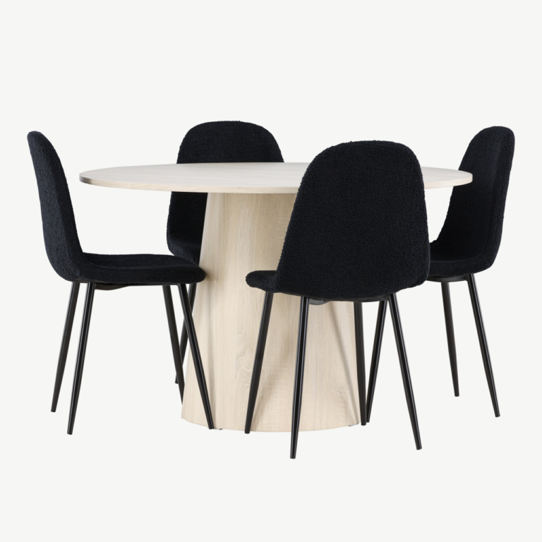 Ümmargune valge peitsiga söögilaud Lanzo ja mustad Polar toolid (komplekt, MDF, ø120 cm) - GR24423