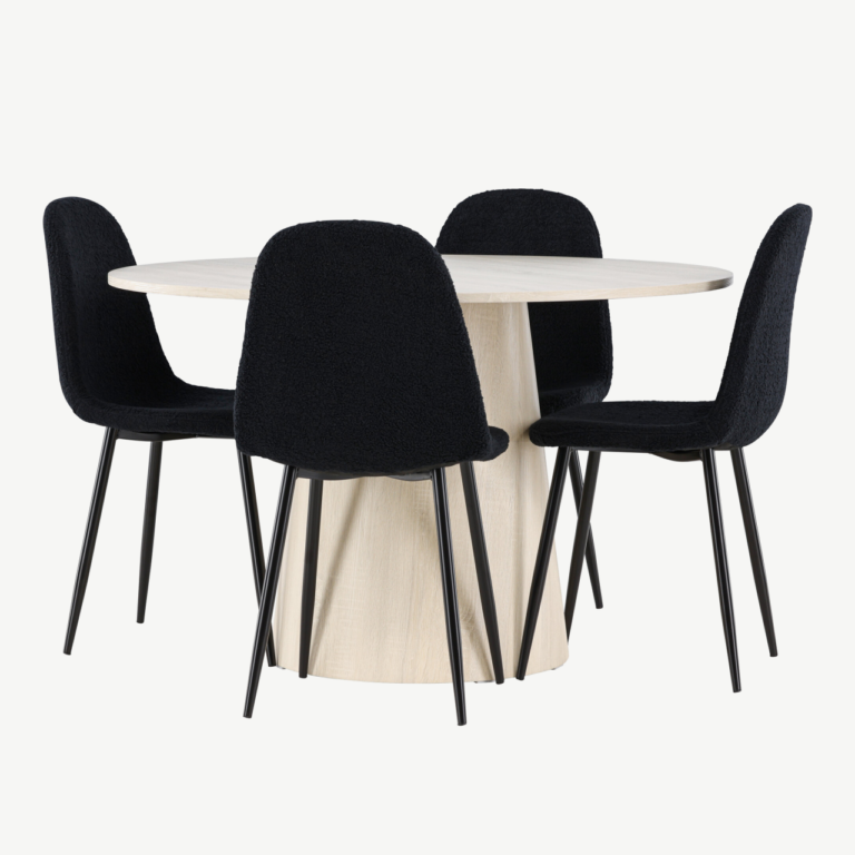 Ümmargune valge peitsiga söögilaud Lanzo ja mustad Polar toolid (komplekt, MDF, ø120 cm) - GR24423