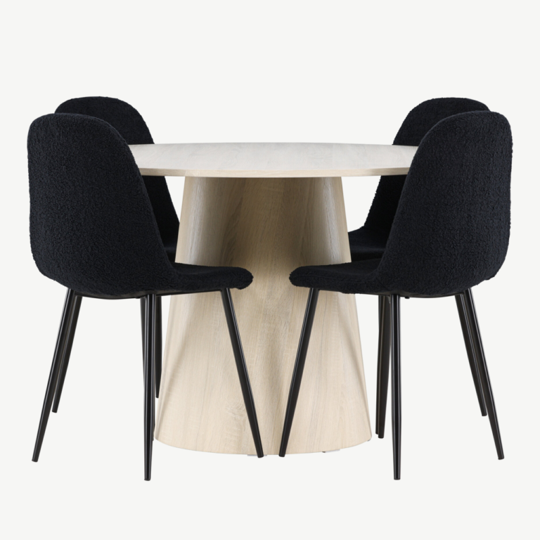 Ümmargune valge peitsiga söögilaud Lanzo ja mustad Polar toolid (komplekt, MDF, ø120 cm) - GR24423
