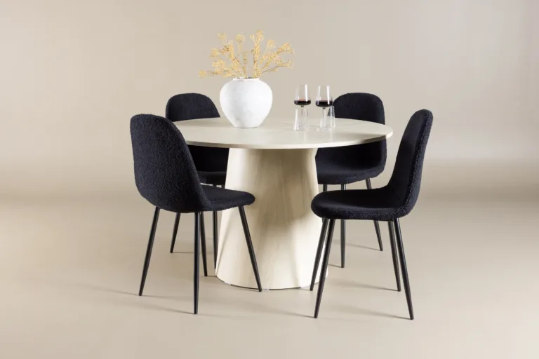 Ümmargune valge peitsiga söögilaud Lanzo ja mustad Polar toolid (komplekt, MDF, ø120 cm) - GR24423