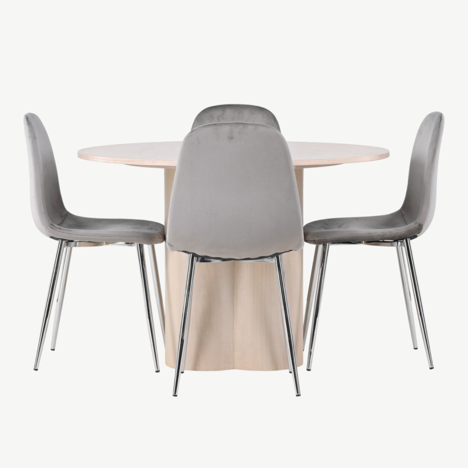 Ümmargune valge peitsiga söögilaud Olivia ja hall velvetkattega tool Eva, GR23800 – 2