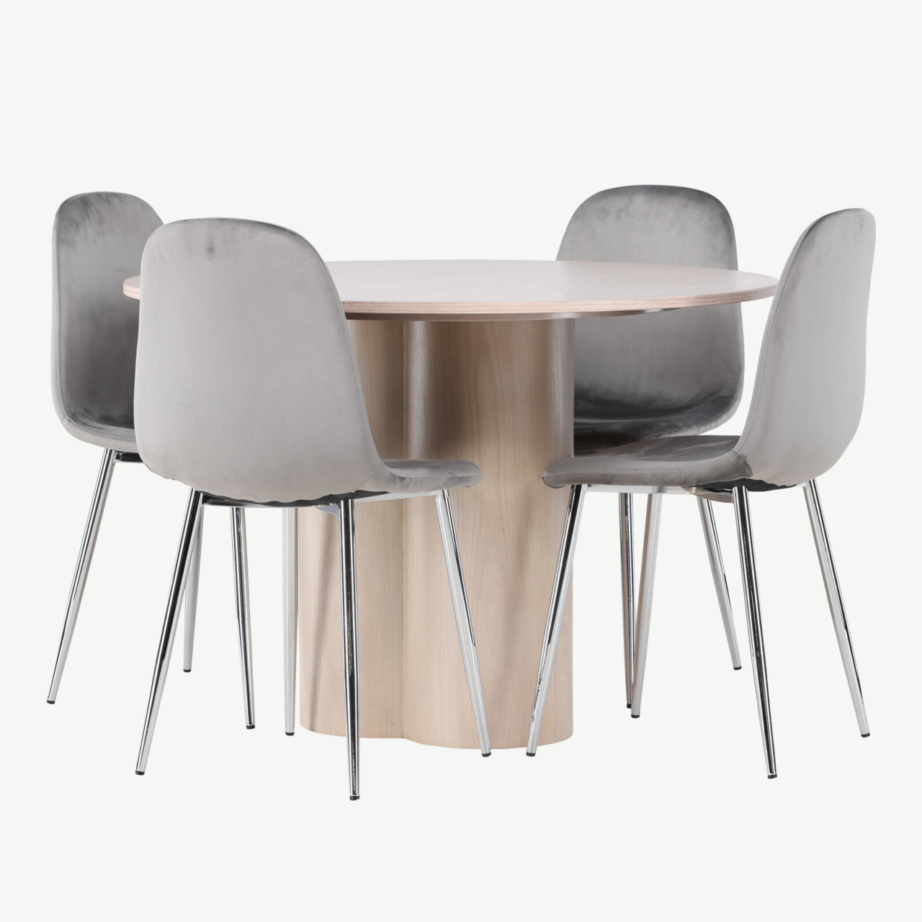 Ümmargune valge peitsiga söögilaud Olivia ja hall velvetkattega tool Eva, GR23800 – 3